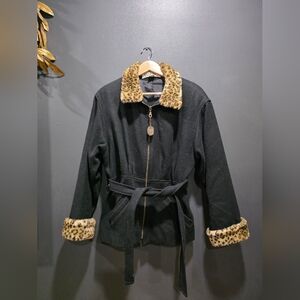 Wool lined Black Jacket with leopard trim Jason Kole Sz M